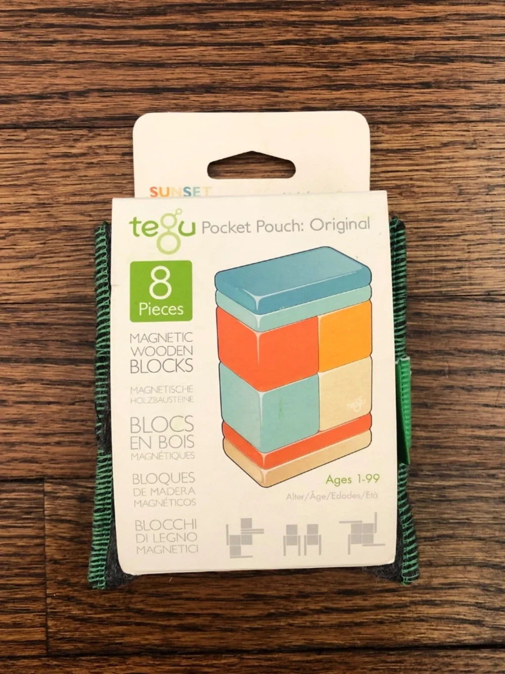 Tegu Original Pocket Pouch Magnetic Wooden Blocks in Sunset, 8 piece set